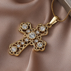 304 Stainless Steel with Clear Glass Hollow Cross Pendant Necklaces for Women Men&nbsp;LS-FR7878