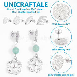 24Pcs 4 Style Round Oval Rhombus 304 Stainless Steel Stud Earring Findings&nbsp;STAS-UN0056-21