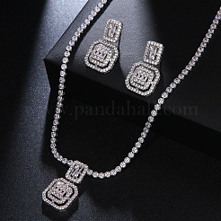 Square Brass Micro Pave Clear Cubic Zirconia Pendant Necklaces & Stud Dangle Earrings Sets&nbsp;FS-WG98D1F-01