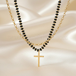 Stainless Steel Religion Cross Pendant Natural Gemstone Rondelle Beaded Double Layer Necklaces for Women&nbsp;PO2692-1