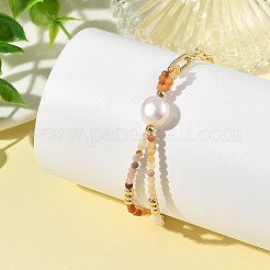 Faceted Natural Mixed Gemstone Beaded & Brass Paperclip Chain Bracelets with Natural Pearl for Women&nbsp;BJEW-JB14324