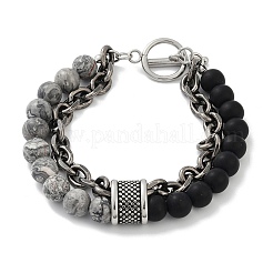 Natural Round Picasso Stone & Frosted Black Bead Bracelets&nbsp;BJEW-M081-01A