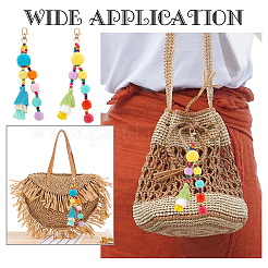 2Pcs 2 Colors Colorful Boho Pompom Ball Tassel Polyester Pendant Decorations with Wood Bead for Women&nbsp;AJEW-WR0001-72