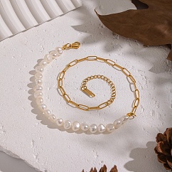 Natural Freshwater Pearl Beaded and 304 Stainless Steel Paperclip Chain Necklaces for Women, White, Real 18K Gold Plated, 13.39 inch(34cm)