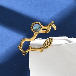 Leaf & Flat Round 304 Stainless Steel Paua Shell Cuff Rings for Women&nbsp;RJEW-G346-01G-01