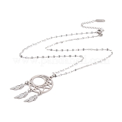 Non-Tarnish Woven Net/Web with Feather 201 Stainless Steel Boho Pendant Necklaces for Women&nbsp;NJEW-G087-09P