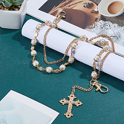 1Pc Alloy & Iron & Round White Imitation Pearl Link Chain Double Layer Cross Charm Pants Chains&nbsp;HJEW-ME0002-24