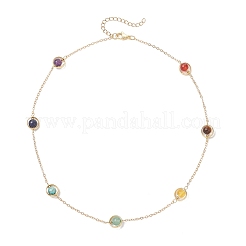 7 Chakra Natural Mixed Stone Round Beads Brass Cable Chain Necklaces&nbsp;NJEW-TA00235