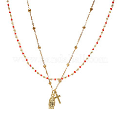 Red Glass Beaded Chain Double Layer Necklaces with Stainless Steel Religion Virgin Cross Pendant&nbsp;QR8888-1