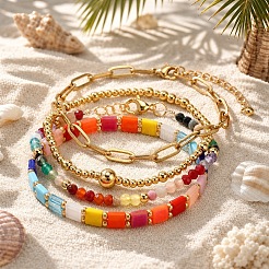 Colorful Glass Gemstone Brass Beaded Stretch Bracelet Sets&nbsp;TV5355