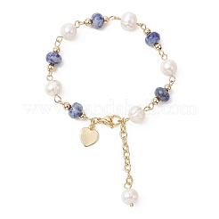 Rondelle Natural Blue Spot Jasper & Cultured Freshwater Pearl Beaded Link Bracelets for Women&nbsp;BJEW-JB12809-01
