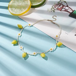 Resin Lemon Pendant Necklace with Glass Beaded Flower Chains for Women&nbsp;NJEW-TA00057