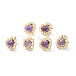 Ion Plating(IP) Natural Amethyst Heart Stud Earrings with Plastic Pearl Beaded&nbsp;EJEW-E599-02G-02