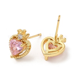Rack Plating Brass Crown with Love Stud Earrings with Cubic Zirconia&nbsp;EJEW-D061-60G