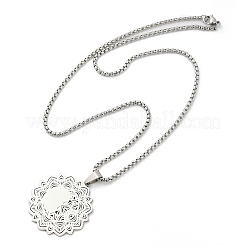 Mandala Flower 201 Stainless Steel Box Chain Pendant Necklaces&nbsp;NJEW-K253-35P