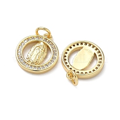 Brass Micro Pave Cubic Zirconia Flat Round with Virgin Mary Charms&nbsp;KK-C156-23G