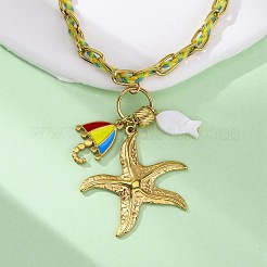 Starfish & Umbrella 304 Stainless Steel Enamel Pendant Necklaces&nbsp;NJEW-L465-07G
