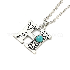 Letter A~Z Antique Silver Plated Alloy with Synthetic Turquoise Pendant Necklaces&nbsp;NJEW-G080-01H
