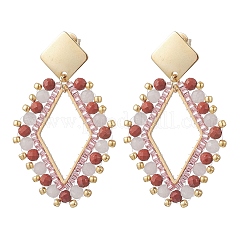 Rhombus Mixed Stone & Glass Seed Beads Dangle Stud Earrings&nbsp;EJEW-MZ00666-02