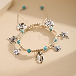 Bohemian Style Sea Animal Alloy Charms Synthetic Turquoise & Cotton Cord Braided Anklets&nbsp;FS-WGB3C8E-02