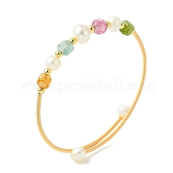 Copper French Wire & Round Natural Multicolor Tourmaline & Cultured Freshwater Pearl Cuff Bangle for Women&nbsp;BJEW-JB13991