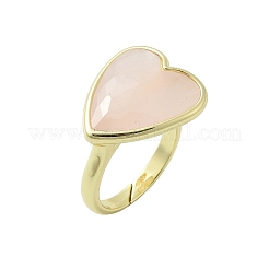 Heart Brass Natural Rose Quartz Finger Rings&nbsp;X-RJEW-D304-01G-B