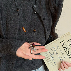 Alloy & Wood Horse Pendant Adjustable Waxed Cord Long Necklaces for Women&nbsp;WGBF527-01
