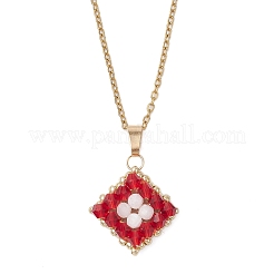 Natural Rainbow Moonstone and Handmade Glass Beaded Rhombus Pendant 304 Stainless Steel Cable Chain Necklaces&nbsp;NJEW-MZ00124-02