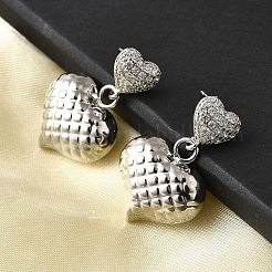 Textured Heart Brass Micro Pave Clear Cubic Zirconia Dangle Stud Earrings&nbsp;EJEW-Z099-02P-01