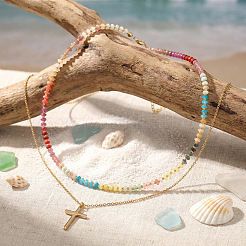 Stainless Steel Religion Cross Pendant Colorful Natural Gemstone Rondelle Beaded Double Layer Necklaces for Women&nbsp;CO5137