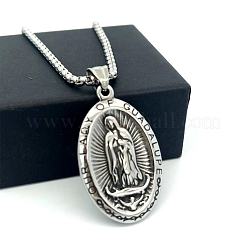 Vintage 304 Stainless Steel Oval with Emboss Virgin Pendant Box Chain Necklaces for Women&nbsp;AV8349