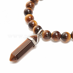 Natural Tiger Eye Round Beaded Stretch Bracelet with Bullet Shape Charm&nbsp;BJEW-JB08310-02
