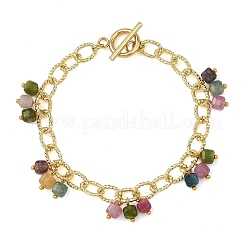 Natural Mixed Gemstone Faceted Cube Beads Tassel Brass Textured Cable Chain Bracelets for Women&nbsp;BJEW-JB14335