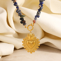 304 Stainless Steel Sacred Heart Pendant Natural Sodalite Chip Beaded Necklaces for Women&nbsp;WG4ED26-01