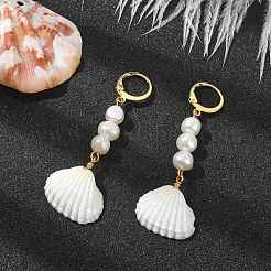 Shell Shape Natural Pearl & Shell Dangle Earrings for Women&nbsp;EJEW-TA00302