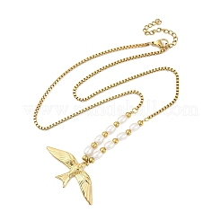 304 Stainless Steel & Plastic Imitation Pearl Bird Pendant Necklaces for Women&nbsp;NJEW-P330-02G