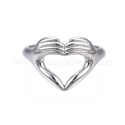 Non-Tarnish 304 Stainless Steel Heart Gesture Open Cuff Ring for Women&nbsp;RJEW-S405-260P