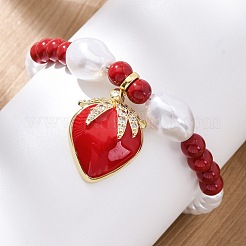 Strawberry Brass Micro Pave Clear Cubic Zirconia Charm Bracelets&nbsp;BJEW-G740-04G
