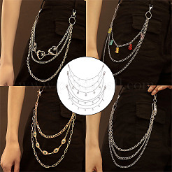 4Pcs 4 Styles Brass & 304 Stainless Steel Double Layer Chains for Jeans Pants with Alloy Star Charms&nbsp;AJEW-GO00009