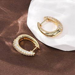 Oval Brass Micro Pave Clear Cubic Zirconia Hoop Earrings&nbsp;EJEW-G458-01G