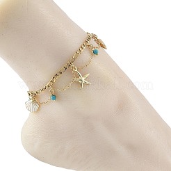 Ocean Synthetic Turquoise Beads & Alloy Starfish Shell Shape Charm Anklets with 304 Stainless Steel Cable Chain Tassel for Women&nbsp;AJEW-TA00069