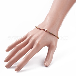 Glass Round Beaded Stretch Bracelet with Brass Heart for Women&nbsp;BJEW-JB08090