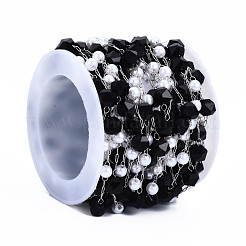 Glass Faceted Round & ABS Plastic Pearl Beaded Chains&nbsp;CHS-N003-09C