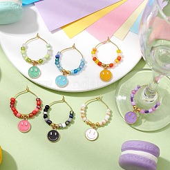 7Pcs Alloy Enamel Flat Round with Smiling Face Charms Wine Glass Charms&nbsp;HJEW-JM02501
