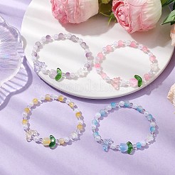 Tulip & Butterfly & Round Two Tone Glass Imitation Jade Beaded Stretch Bracelets for Women&nbsp;BJEW-JB10686