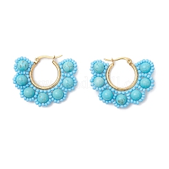 Shell Pearl & Synthetic Green Turquoise & Natural Black Onyx Flower Hoop Earrings&nbsp;EJEW-MZ00662-02
