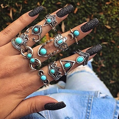 11Pcs 11 Style Synthetic Turquoise Finger Rings Set&nbsp;AJEW-PW0005-04AS