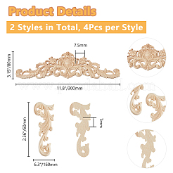 8Pcs 2 Styles Natural Solid Wood Carved Onlay Applique Craft&nbsp;AJEW-DC0001-61