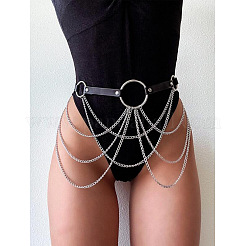 Black Imitation Leather Alloy Curb Chain Tassel Waist Chains&nbsp;FS-WG75D83-01