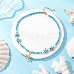304 Stainless Steel Starfish Pendant Glass Pearl & Synthetic Turquoise Round Beaded Necklaces&nbsp;NJEW-JN05505-01